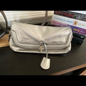 Alexander McQueen Silver Skull Padlock Leather Studded Fold Over Clutch